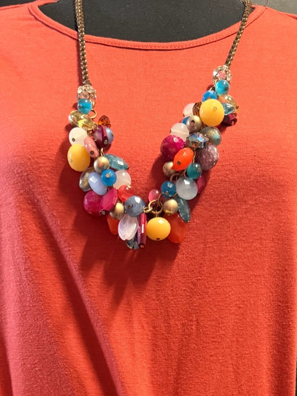 3 Piece Vintage Gold-Toned Brown Multicolored Beaded Necklace, Bracelet, & Ring